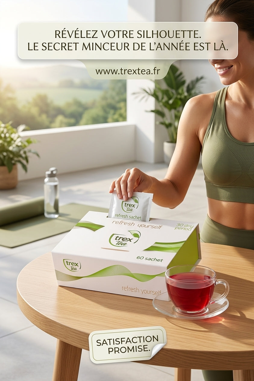 Boîte de thé minceur Trex Tea 60 sachets et tasse d'infusion rouge détox pour ventre plat.